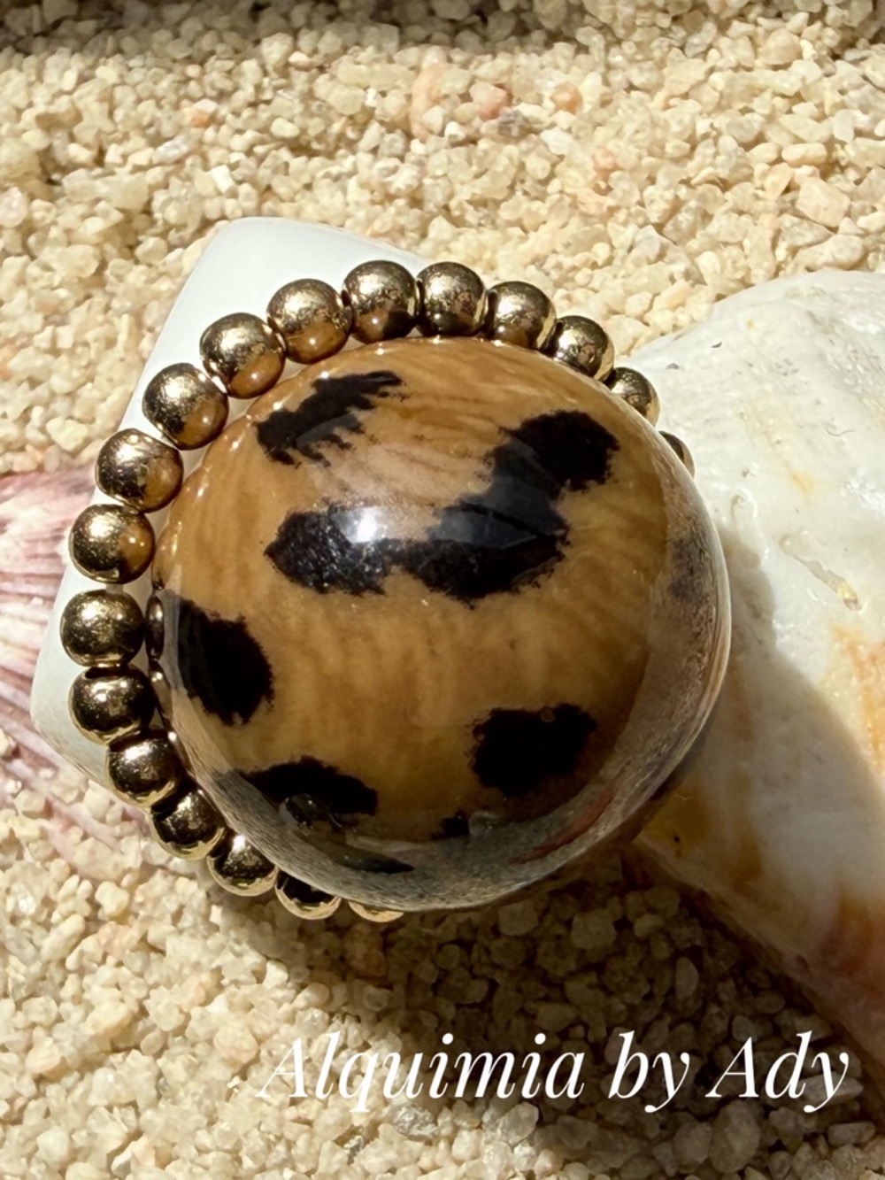 Brutalist +Leopard-Print Dome Ring with Gold Bead Band
